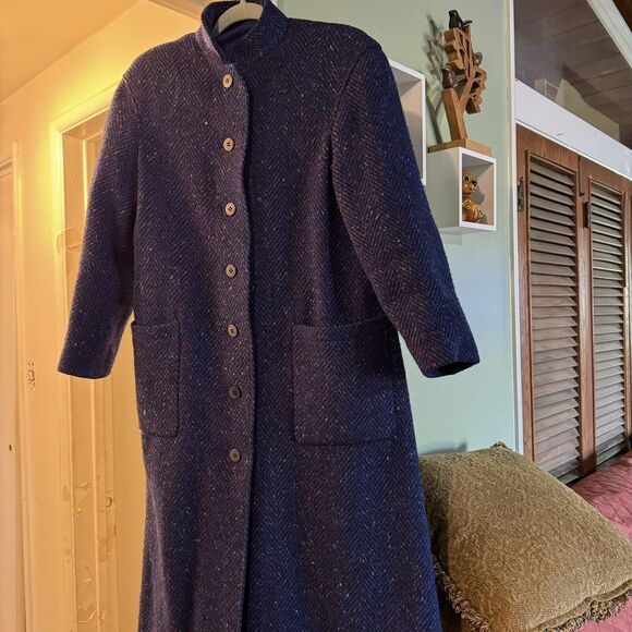 Vintage 60s/70’s Blue 100% Wool Speckled Multi Colored Long Coat Size Medium 8 - Picture 2 of 12